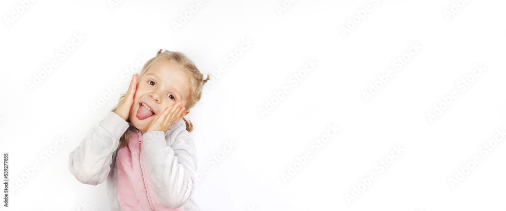 Cute little girl expressing her emotions, white background Cute little girl expressing her emotions, white background