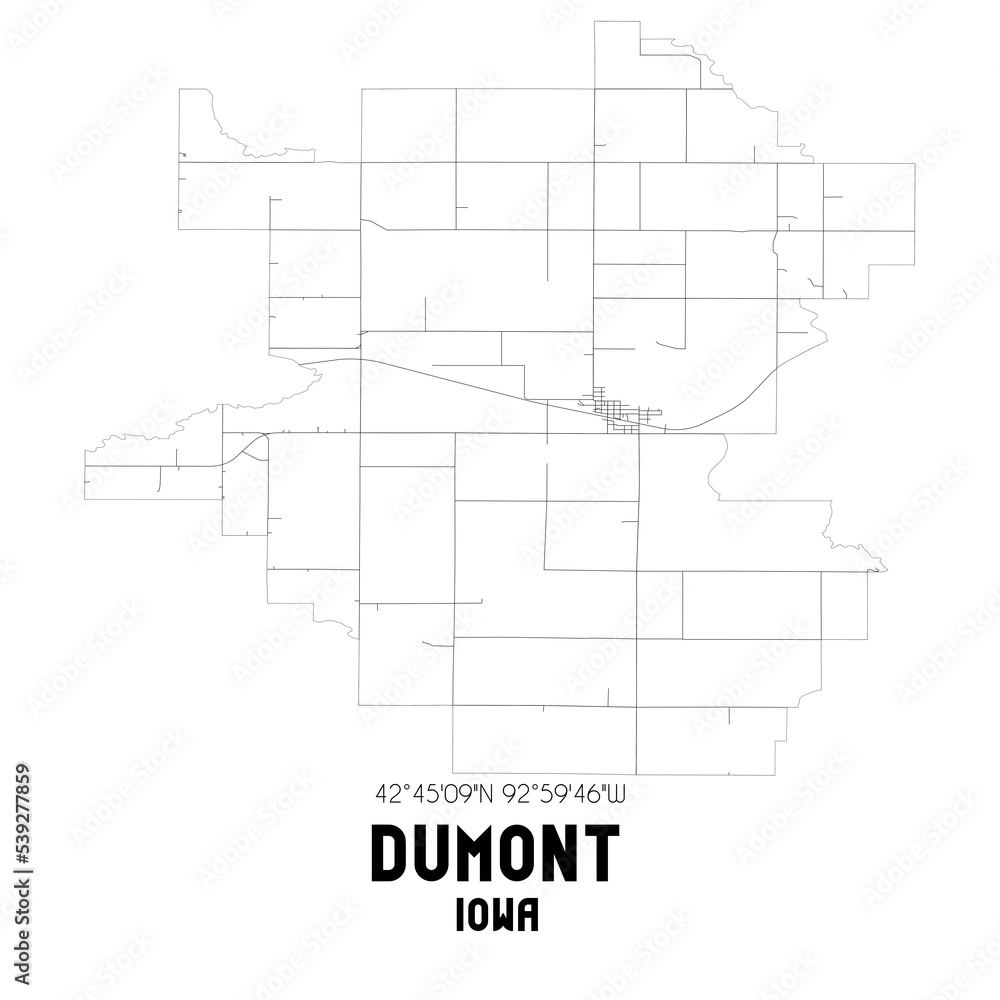Dumont Iowa. US street map with black and white lines.