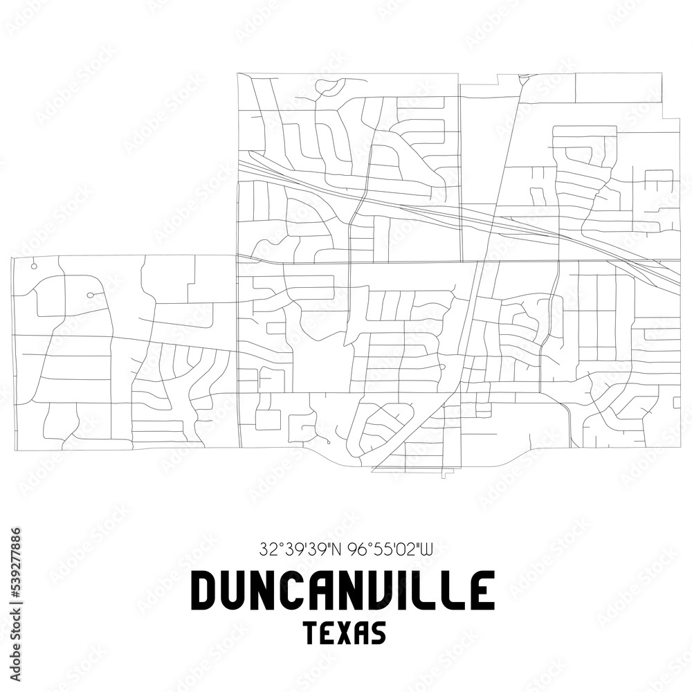 Duncanville Texas. US street map with black and white lines.