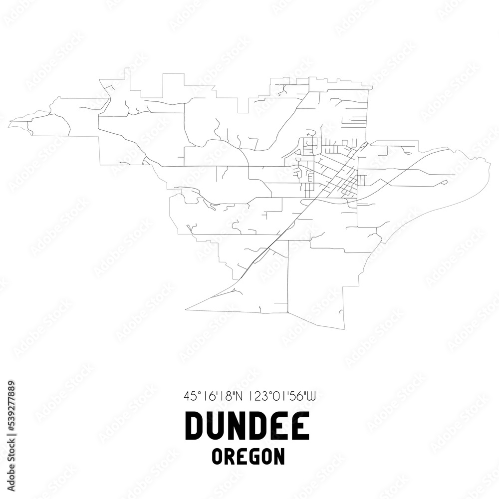 Dundee Oregon. US street map with black and white lines.