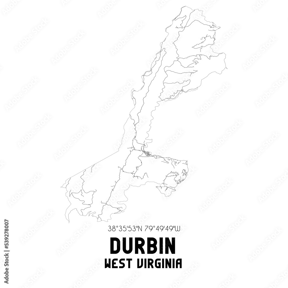 Durbin West Virginia. US street map with black and white lines. Stock