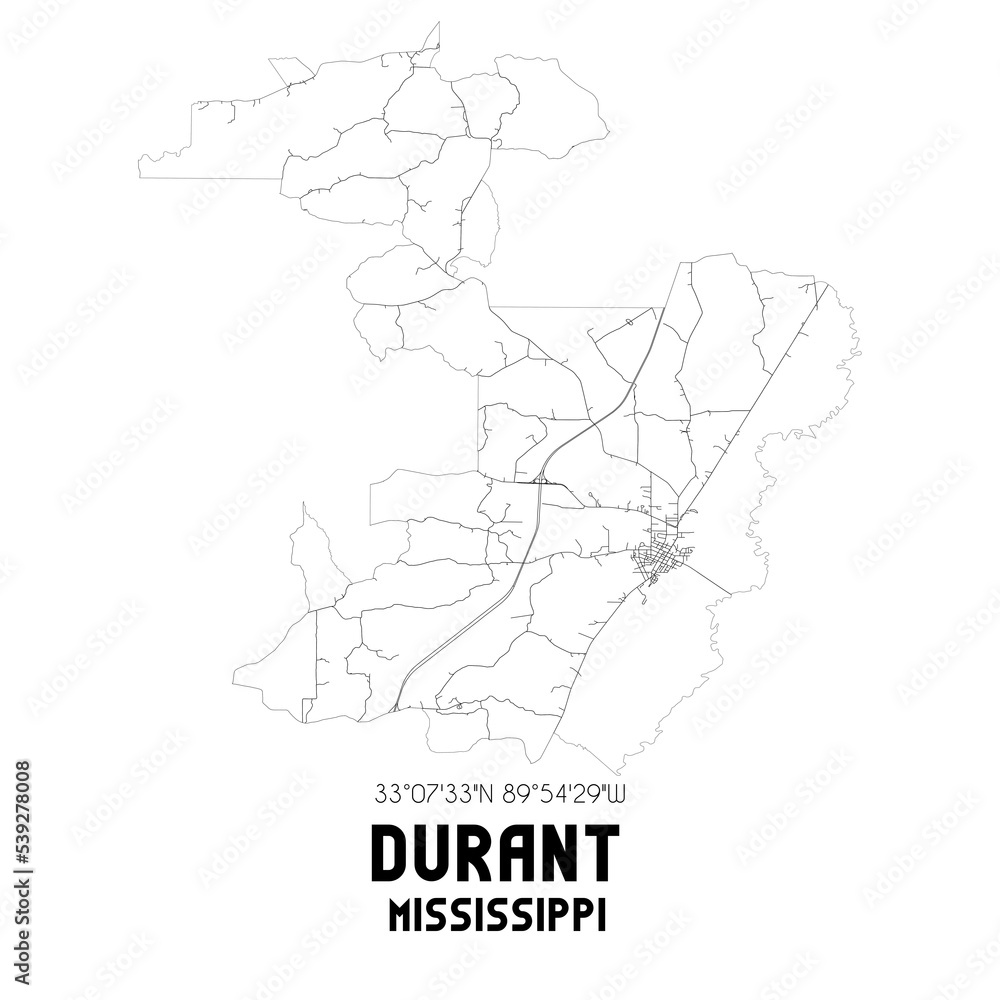 Durant Mississippi. US street map with black and white lines.