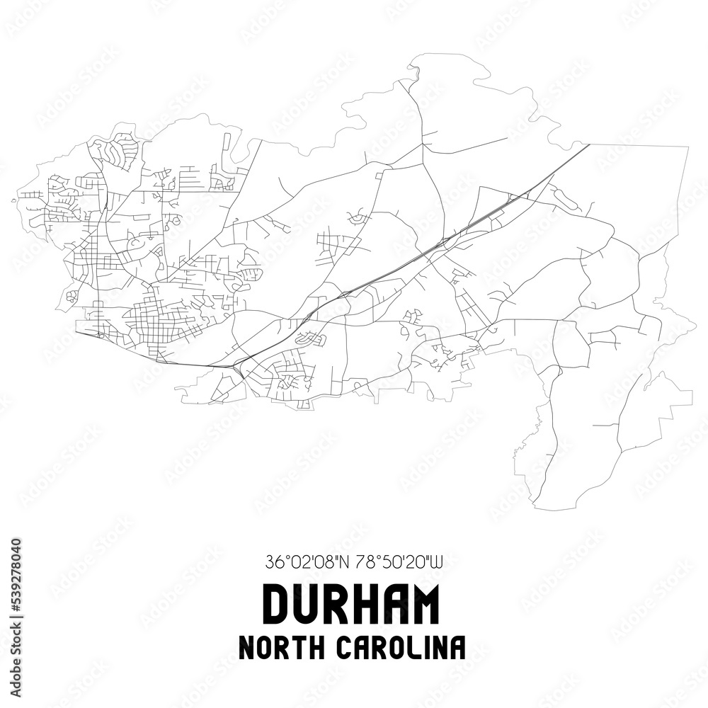 Durham North Carolina. US street map with black and white lines.