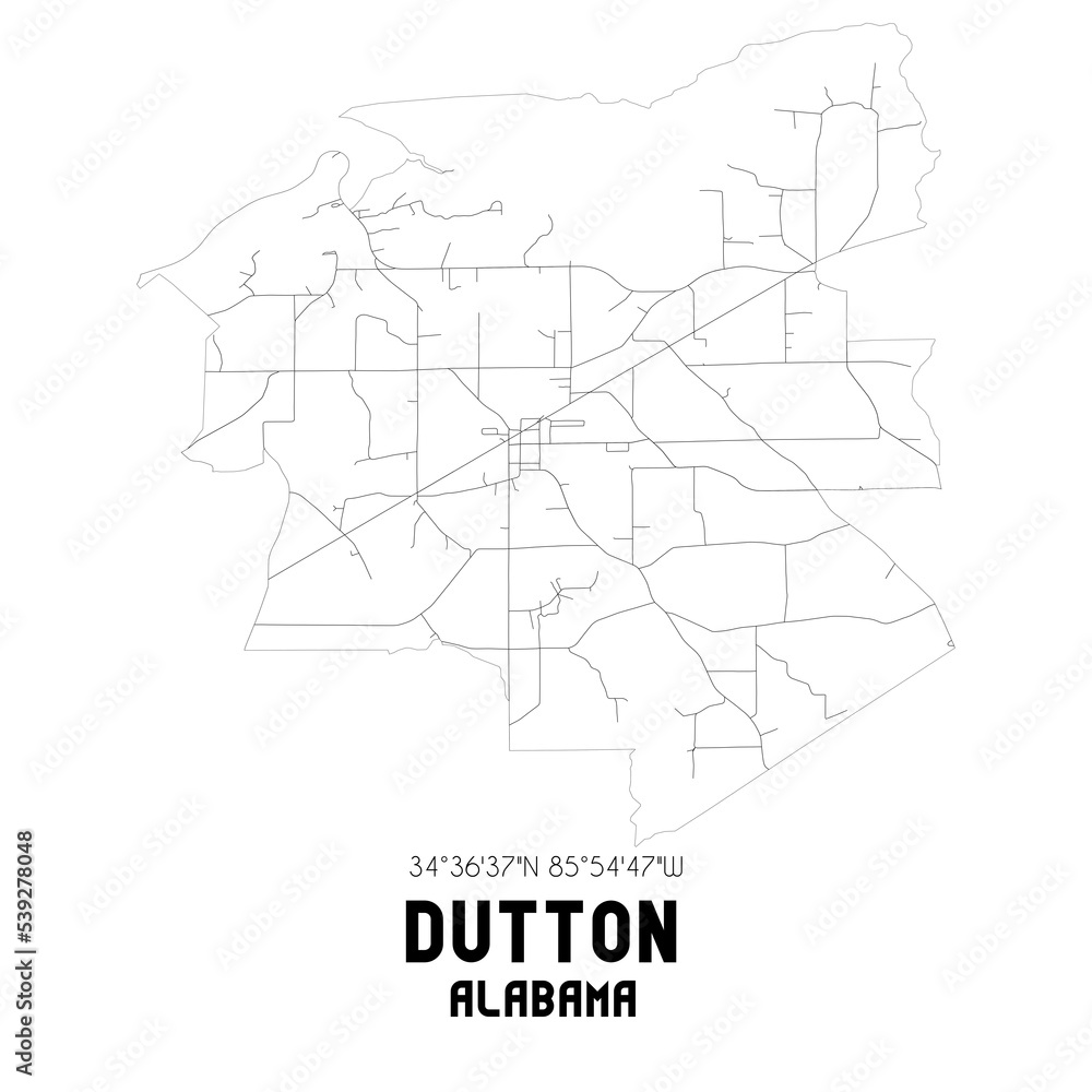 Dutton Alabama. US street map with black and white lines.