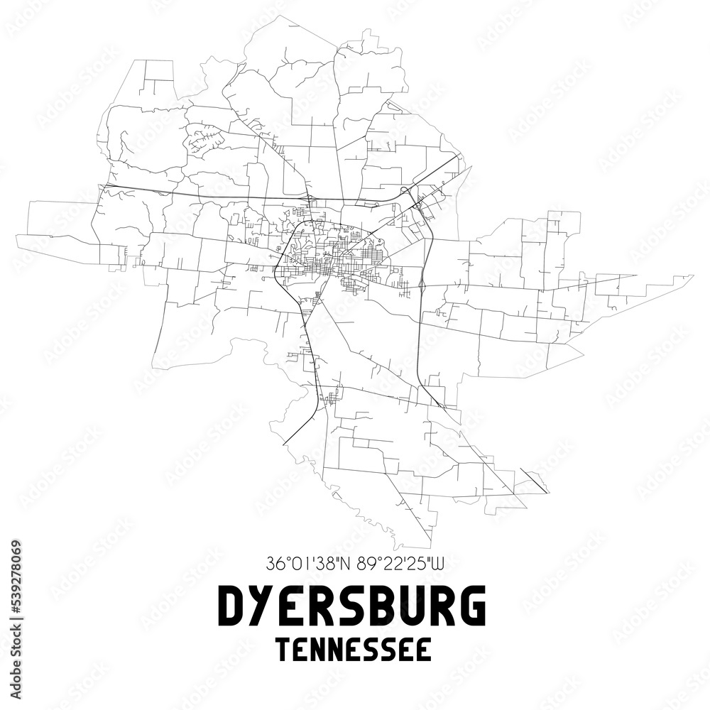 Dyersburg Tennessee. US street map with black and white lines.