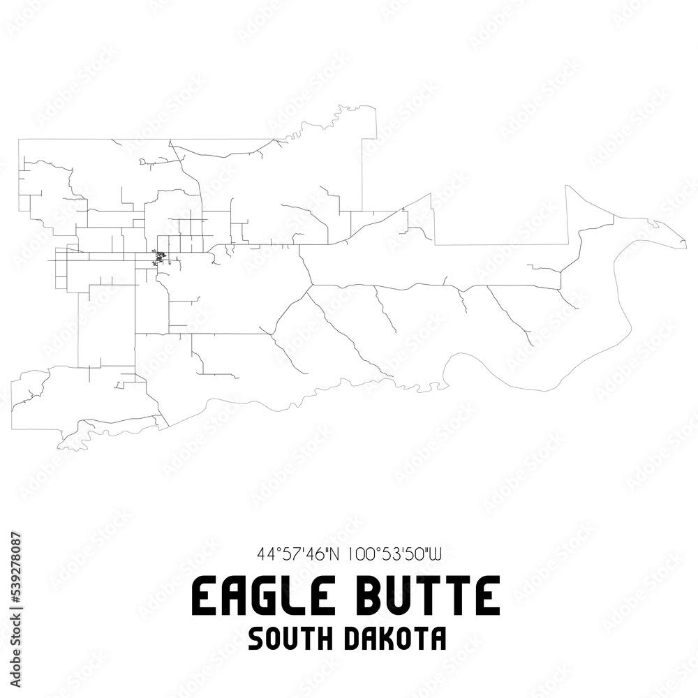 Eagle Butte South Dakota. US street map with black and white lines.