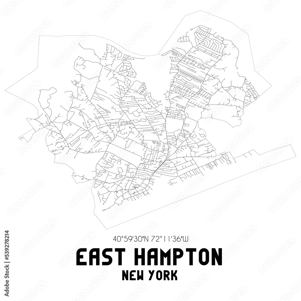 East Hampton New York. US street map with black and white lines.