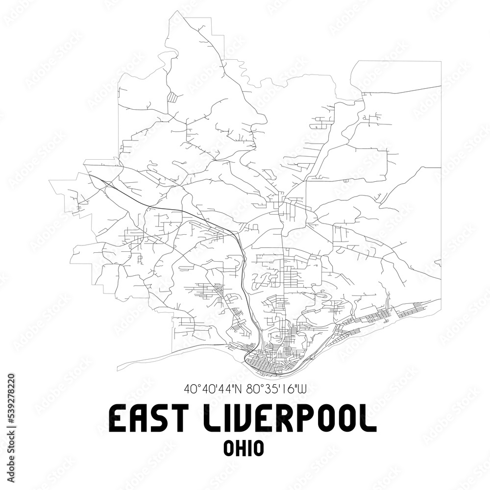 East Liverpool Ohio. US street map with black and white lines.
