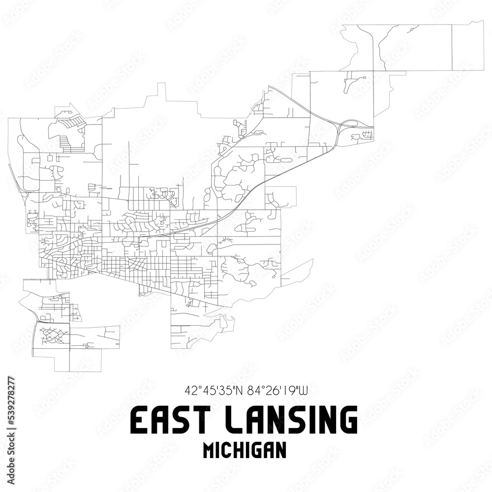 East Lansing Michigan. US street map with black and white lines.