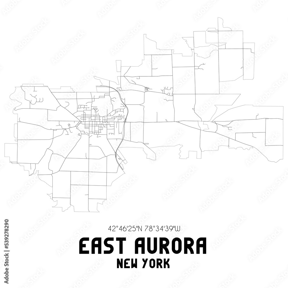East Aurora New York. US street map with black and white lines.