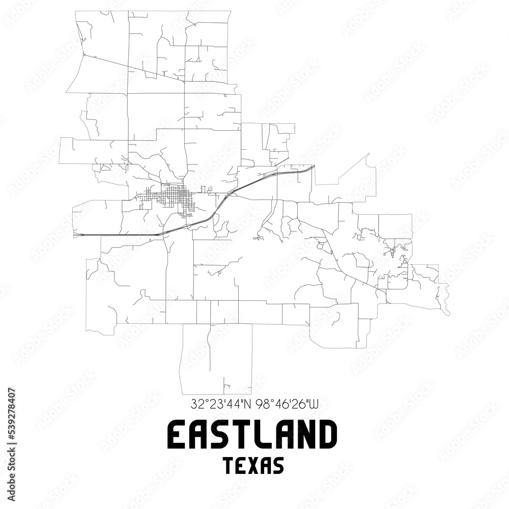 Eastland Texas. US street map with black and white lines.