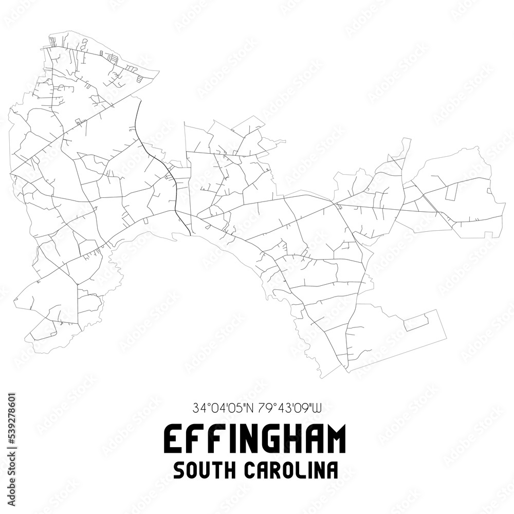 Effingham South Carolina. US street map with black and white lines.