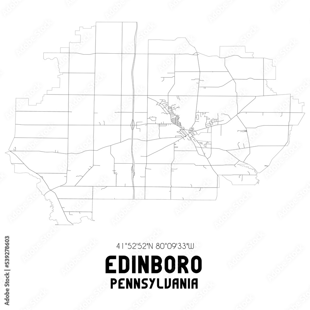 Edinboro Pennsylvania. US street map with black and white lines.
