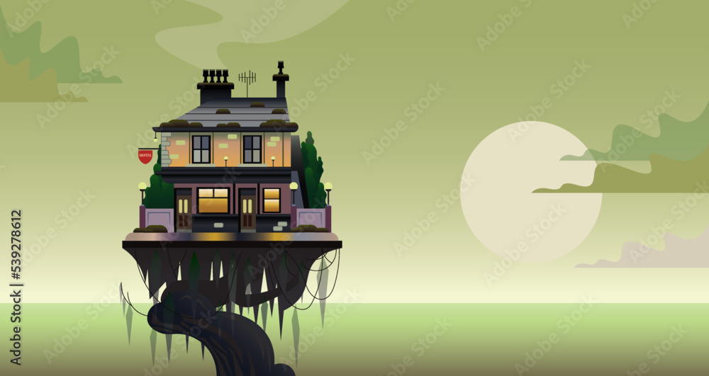 haunted house on a giant spooky tree with cobwebs at night, background with moon and clouds, copy space. Vampire mansion, fantasy tavern vector illustration haunted house on a giant spooky tree with cobwebs at night, background with moon and clouds, copy space. Vampire mansion, fantasy tavern vector illustration