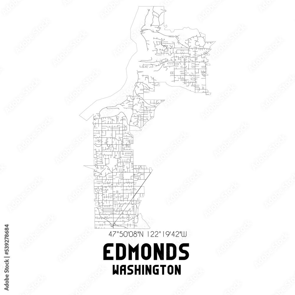 Edmonds Washington. US street map with black and white lines.