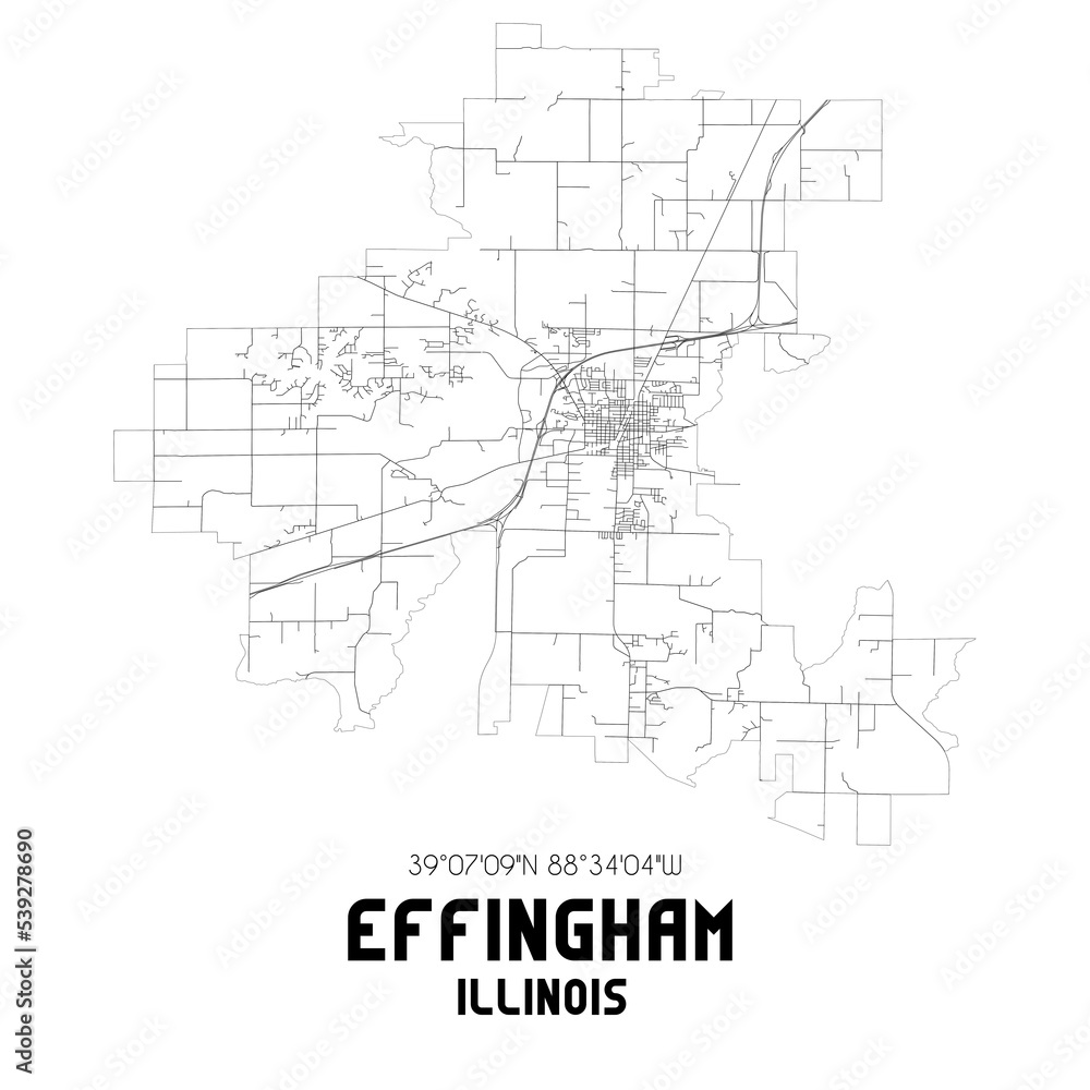 Effingham Illinois. US street map with black and white lines.