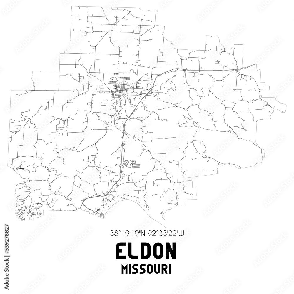 Eldon Missouri. US street map with black and white lines.