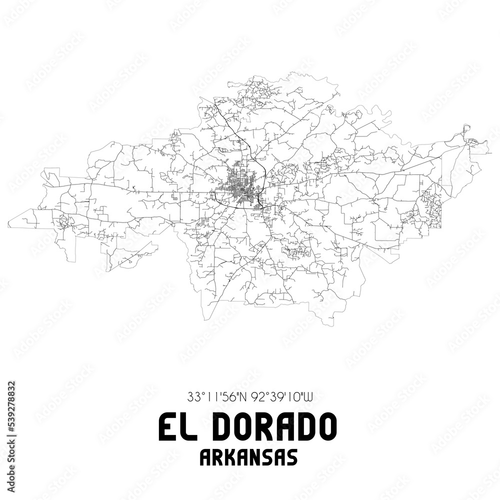El Dorado Arkansas. US street map with black and white lines.