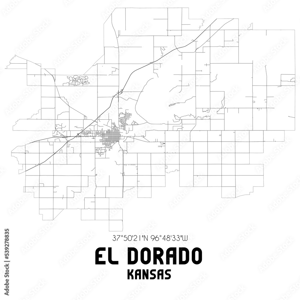 El Dorado Kansas. US street map with black and white lines.