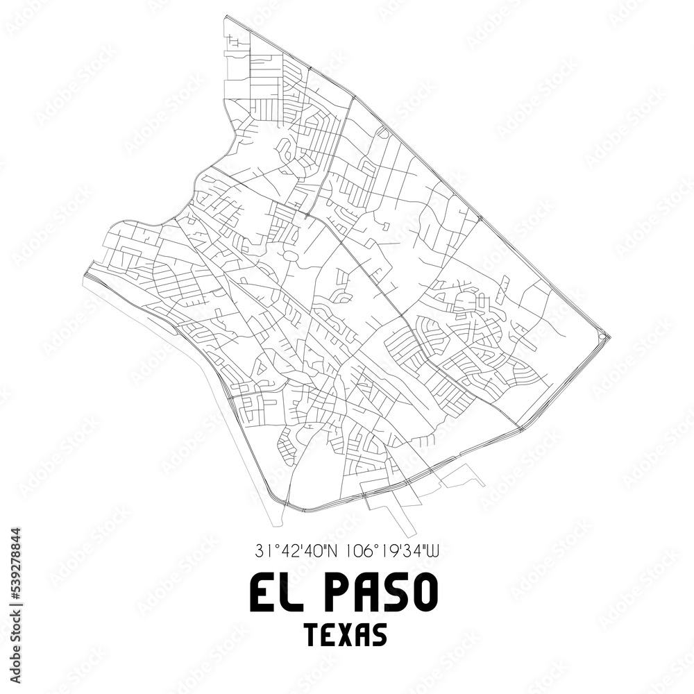 El Paso Texas. US street map with black and white lines.