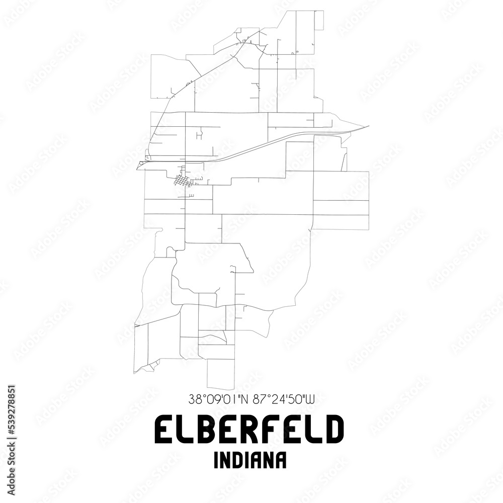 Elberfeld Indiana. US street map with black and white lines.