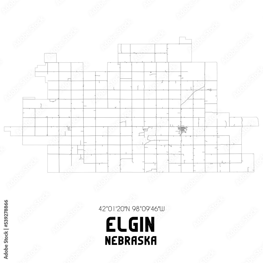 Elgin Nebraska. US street map with black and white lines.