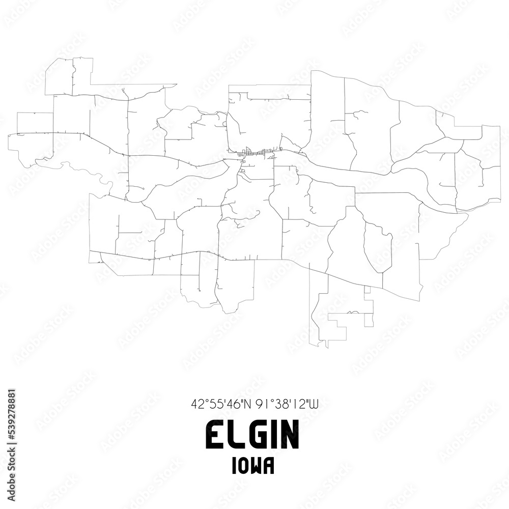Elgin Iowa. US street map with black and white lines.