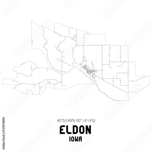 Eldon Iowa. US street map with black and white lines.