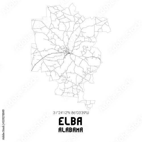 Elba Alabama. US street map with black and white lines.