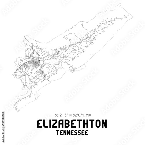 Elizabethton Tennessee. US street map with black and white lines. photo
