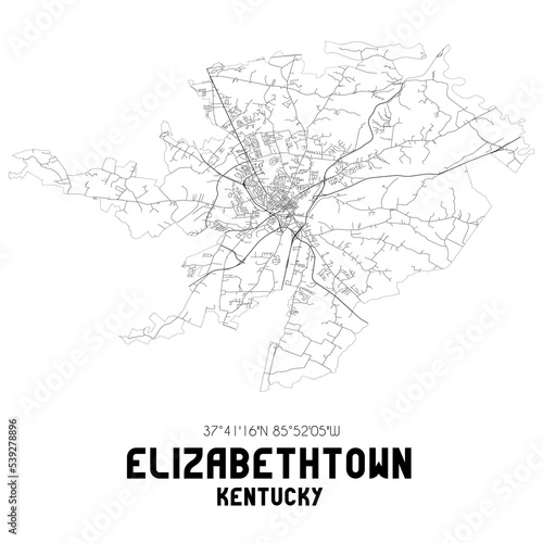 Elizabethtown Kentucky. US street map with black and white lines.