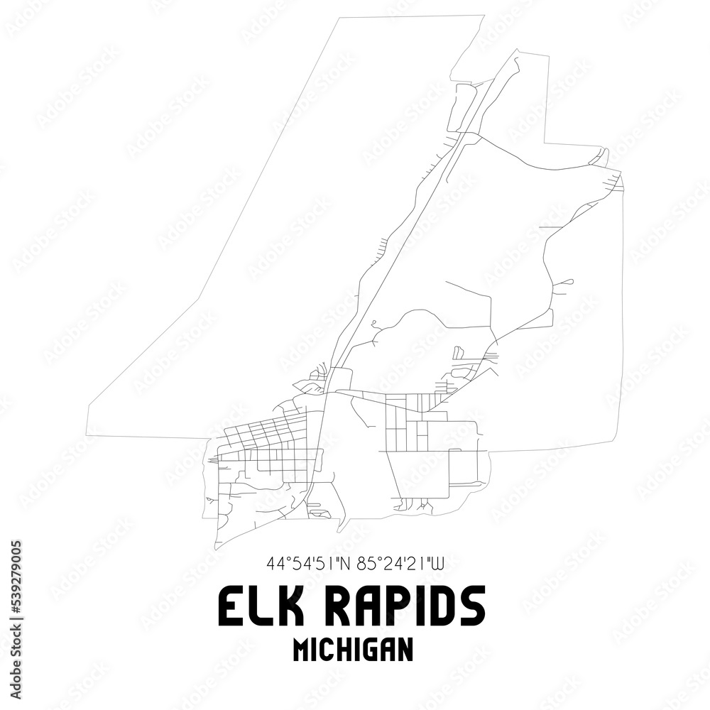 Elk Rapids Michigan. US street map with black and white lines. Elk Rapids Michigan. US street map with black and white lines.