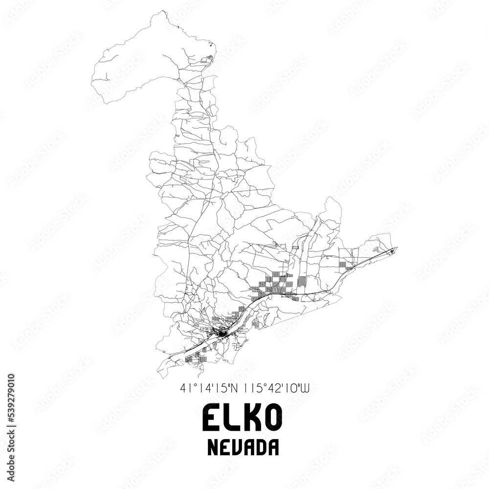 Elko Nevada. US street map with black and white lines. Stock