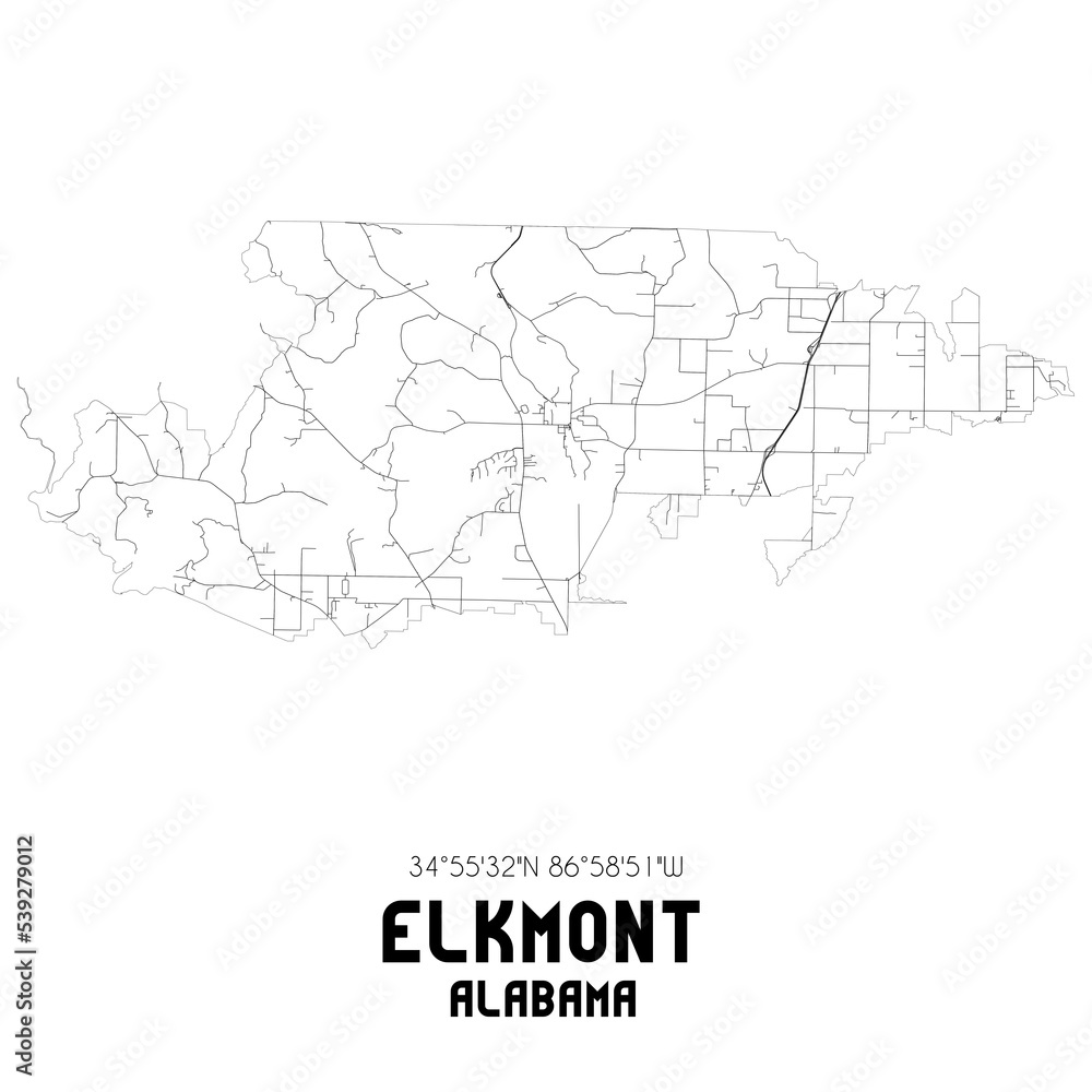 Elkmont Alabama. US street map with black and white lines.