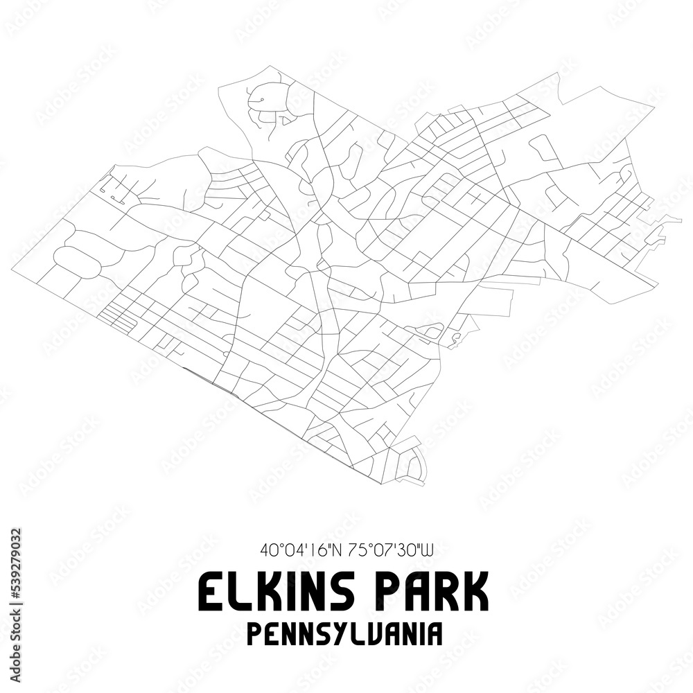 Elkins Park Pennsylvania. US street map with black and white lines.