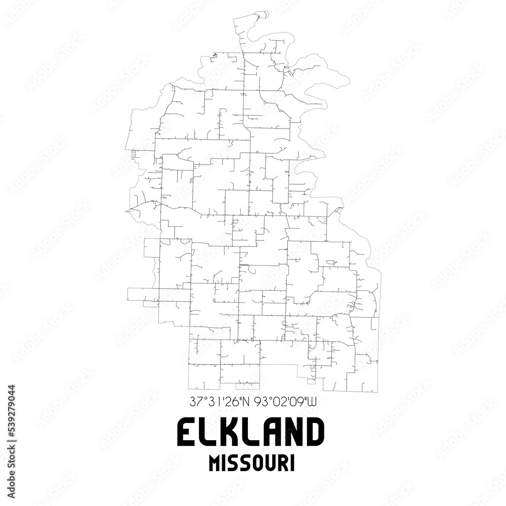 Elkland Missouri. US street map with black and white lines.