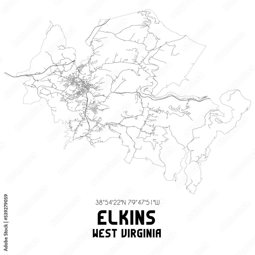 Elkins West Virginia. US street map with black and white lines.