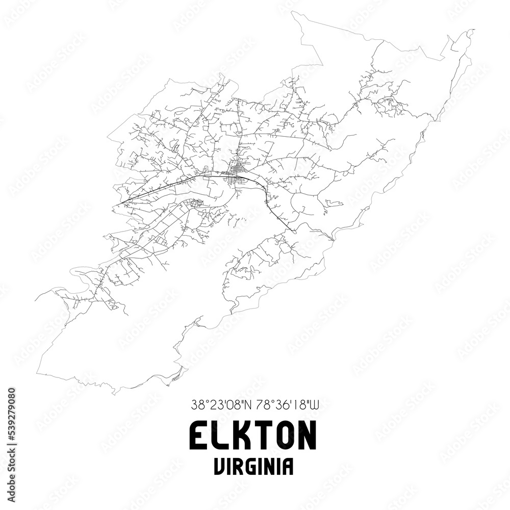 Elkton Virginia. US street map with black and white lines.