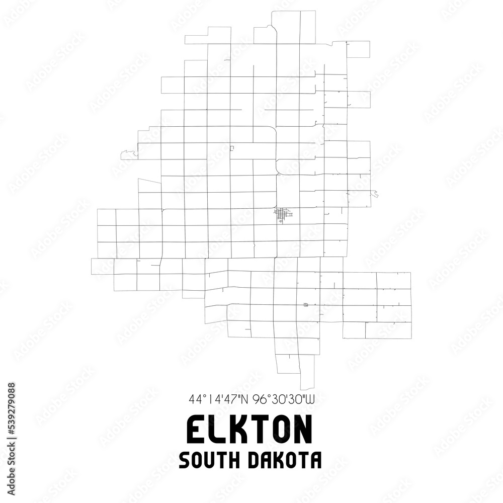 Elkton South Dakota. US street map with black and white lines.