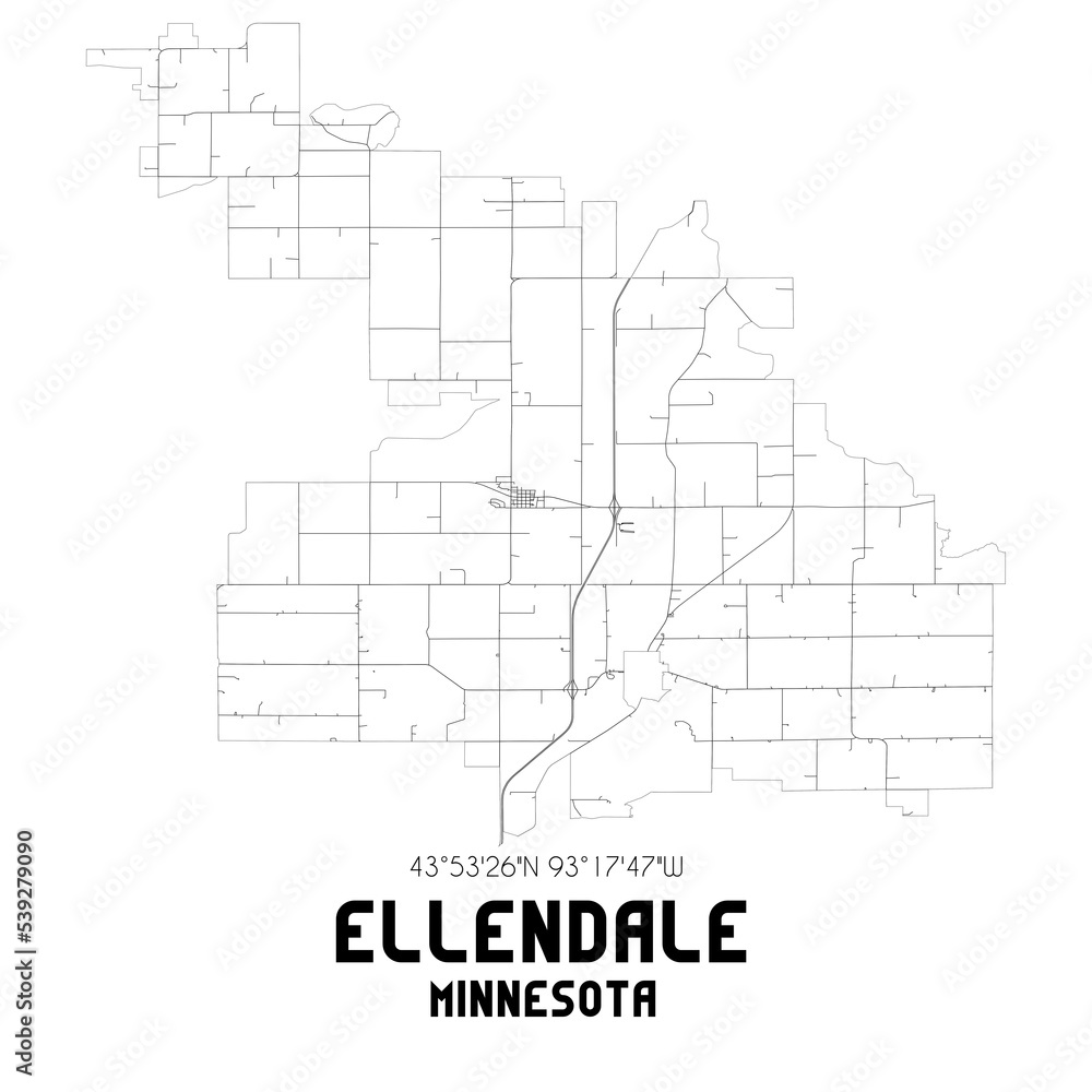 Ellendale Minnesota. US street map with black and white lines.