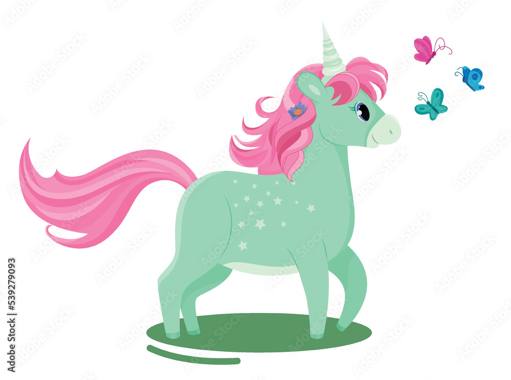 Naklejka premium Green unicorn with butterflies. Pony with pink mane runs to insects. Fictional character, imagination and fantasy, fairy tale. Graphic element for printing on fabric. Cartoon flat vector illustration