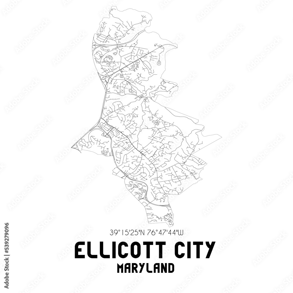 Ellicott City Maryland. US street map with black and white lines.