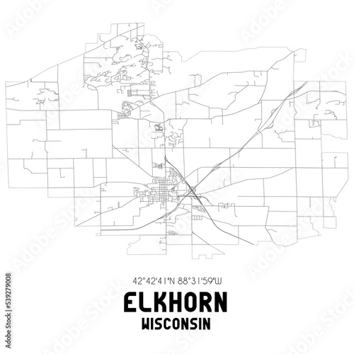Elkhorn Wisconsin. US street map with black and white lines.
