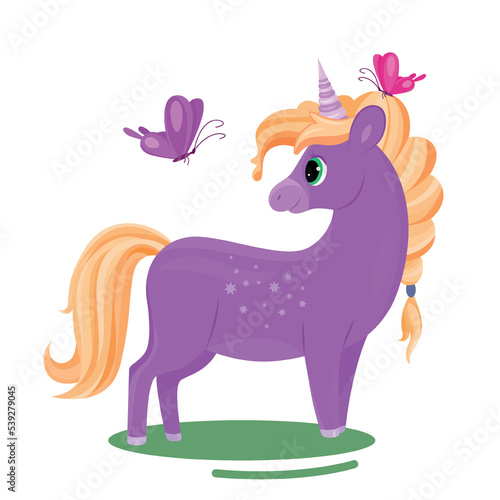 Pink unicorn with butterflies. Cute horse with horn looks at insects. Sticker for social media and messengers. Nature and fauna  fairy tale. Pony with stars. Cartoon flat vector illustration