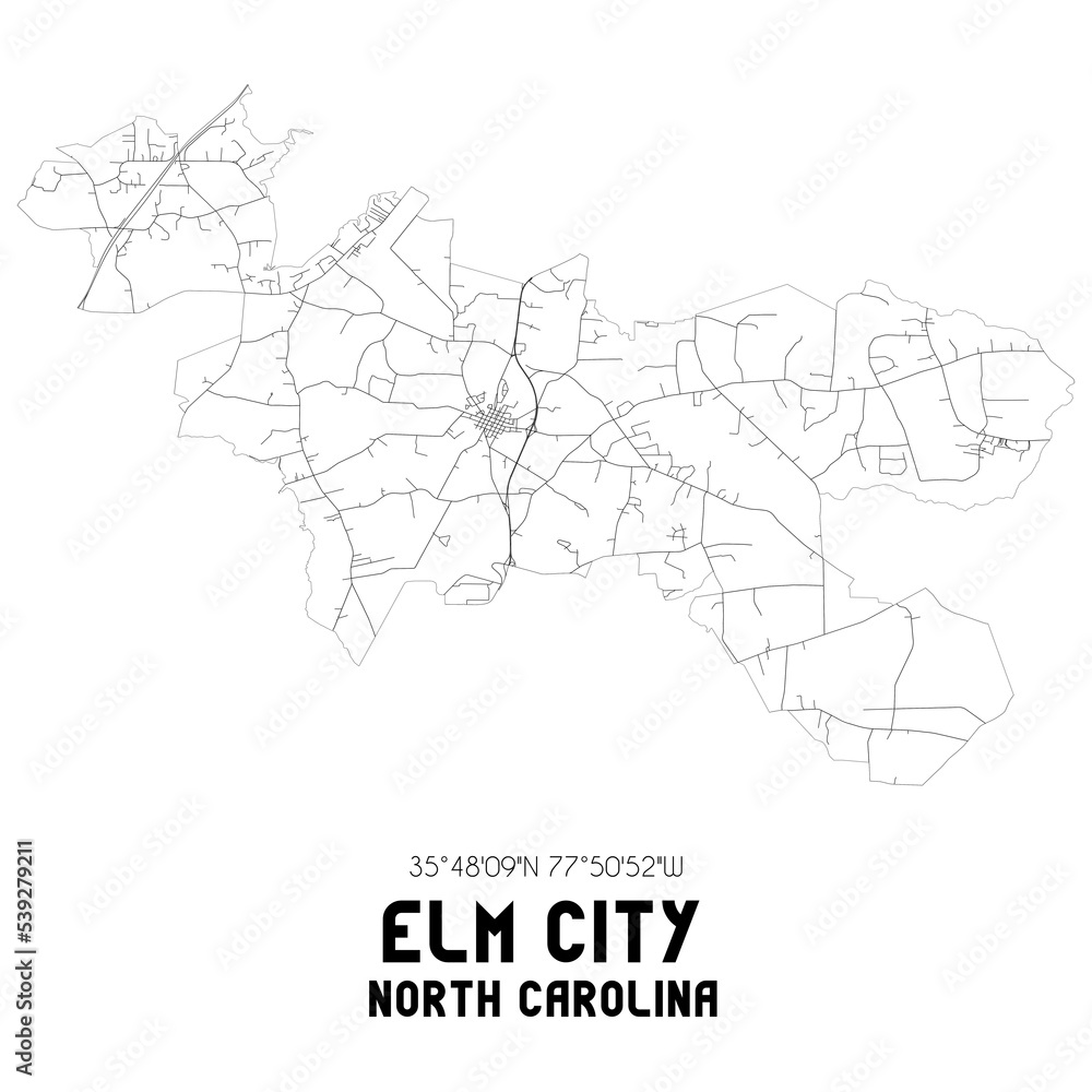 Elm City North Carolina. US street map with black and white lines.