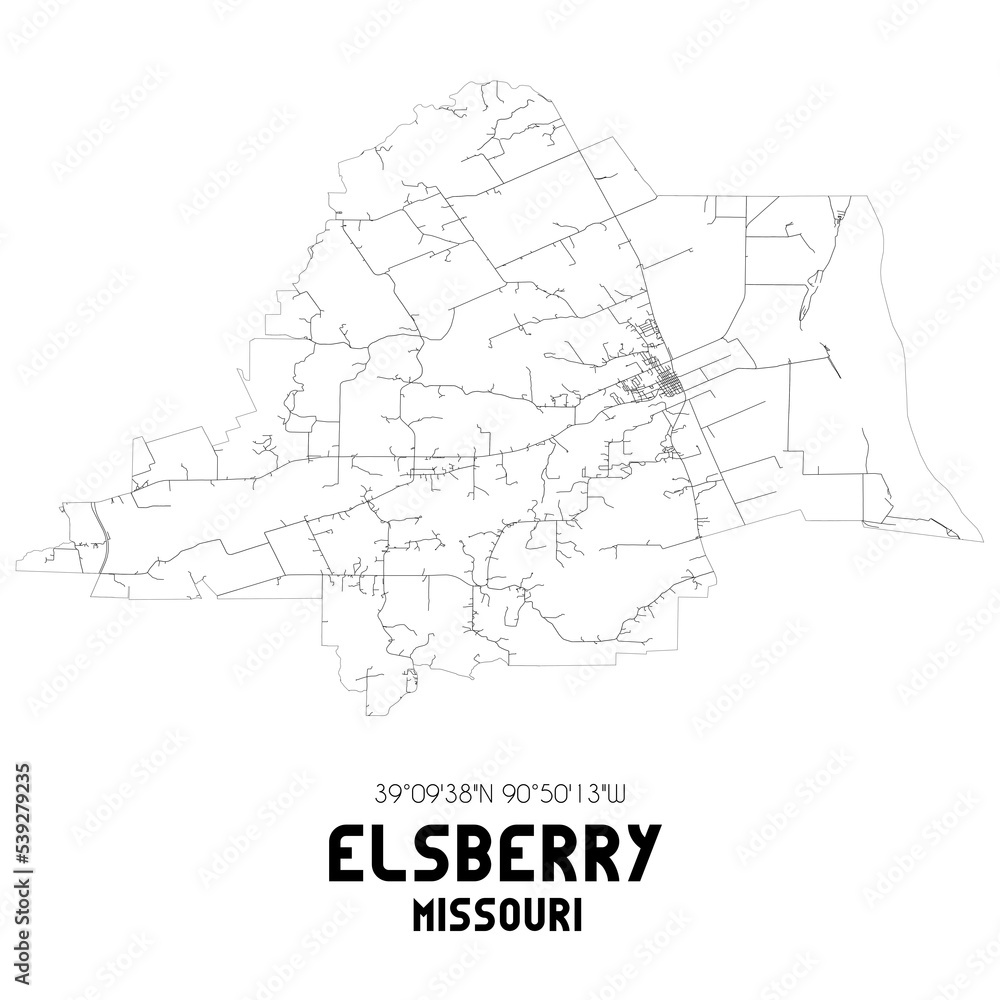 Elsberry Missouri. US street map with black and white lines.