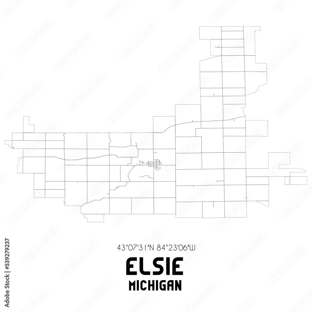 Elsie Michigan. US street map with black and white lines.