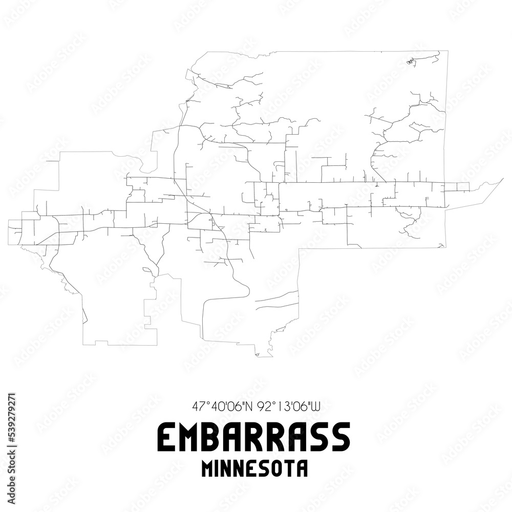 Embarrass Minnesota. US street map with black and white lines.