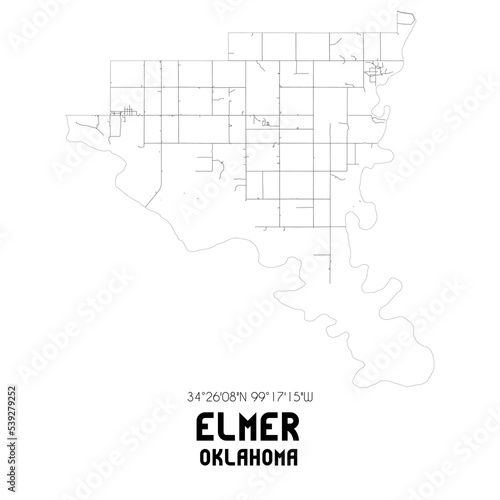 Elmer Oklahoma. US street map with black and white lines.
