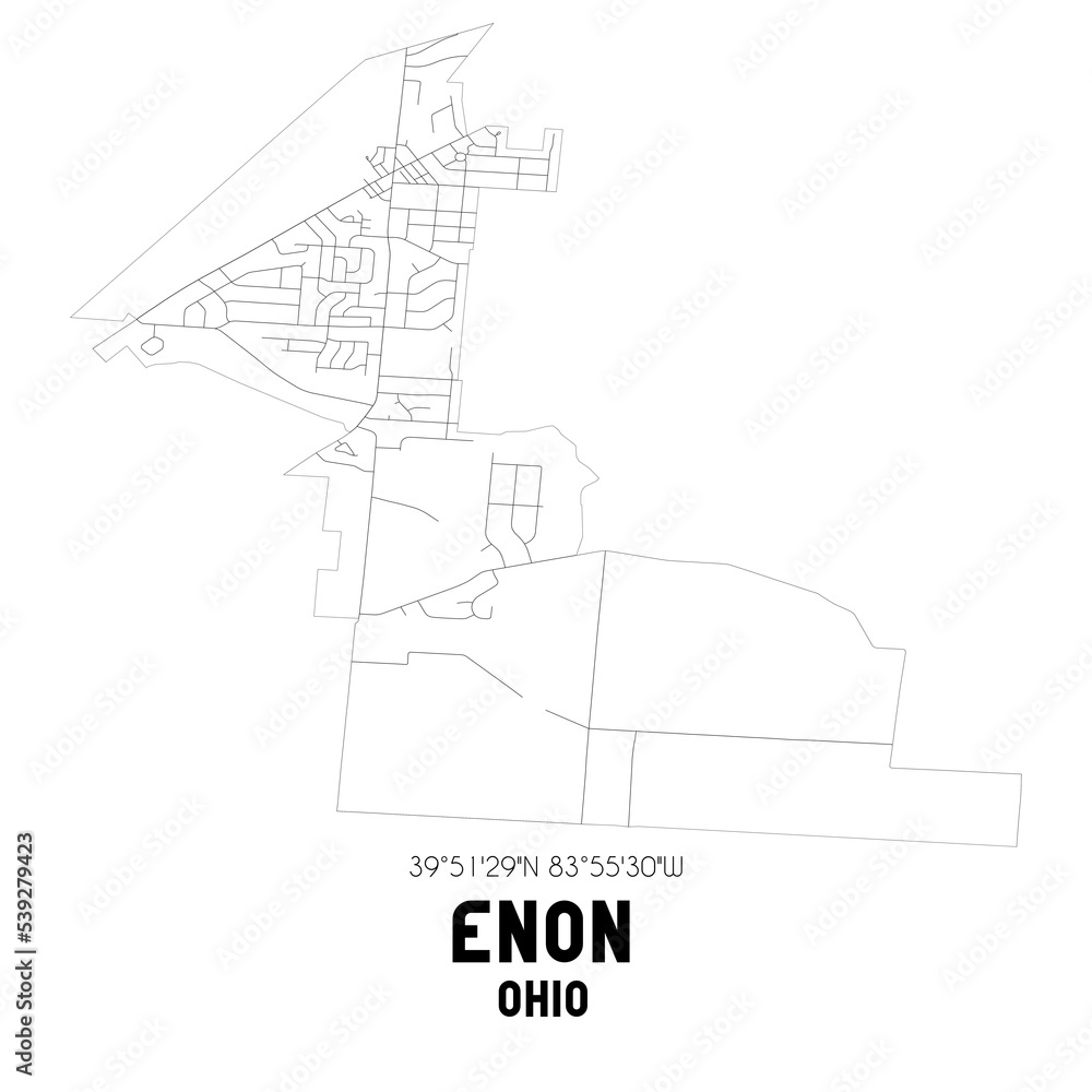 Enon Ohio. US street map with black and white lines.